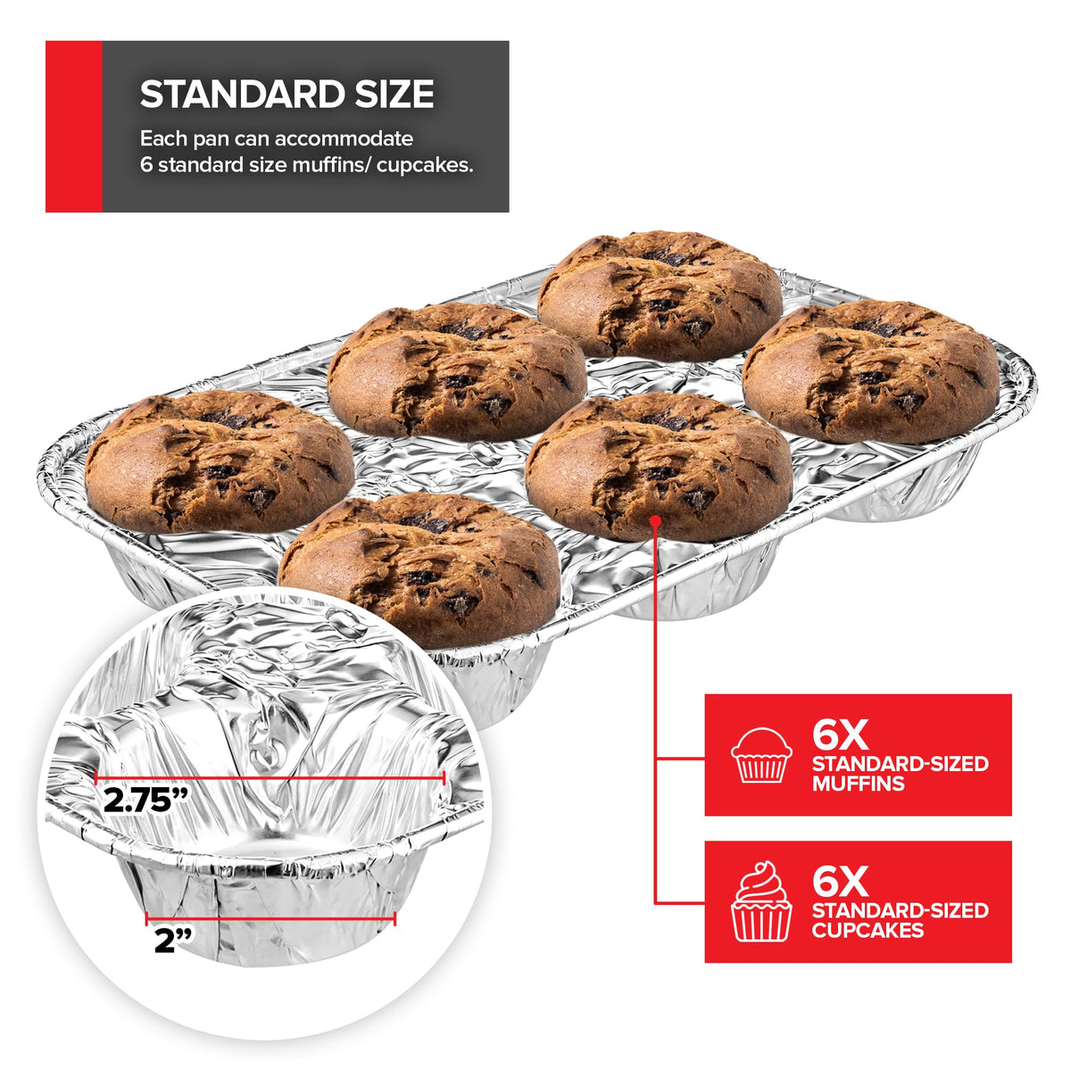 (20-Count Disposable Muffin Tins 6-Cup by Stock Your Home – Standard Size, 960.0 ounces, Aluminum, Silver, Pack of 20