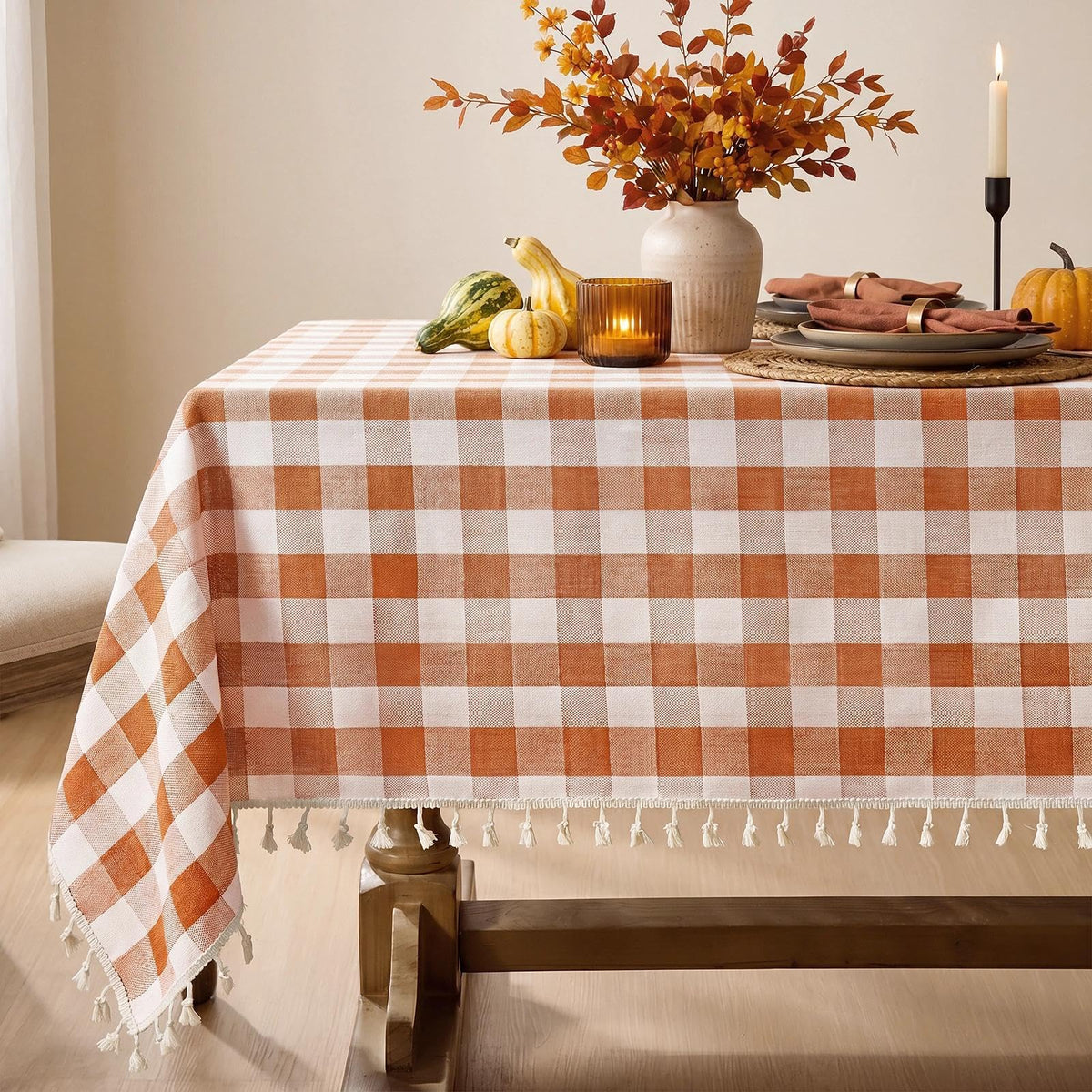 Softalker Gingham Tablecloth with Fringe, Orange Plaid, 55 x 84 Inch