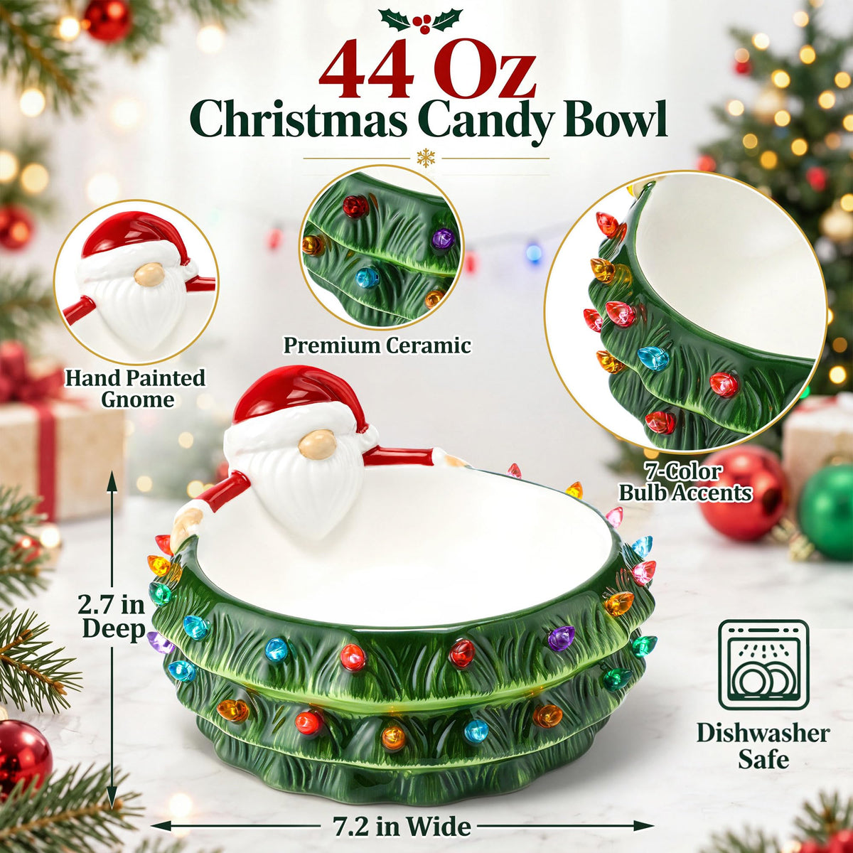 Saillong Ceramic Gnome Candy Bowl, 44 Oz, Holiday Design