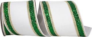 Reliant Ribbon Dupioni Regalia Glitter Deluxe Backed Wired Edge Ribbon, White/Green