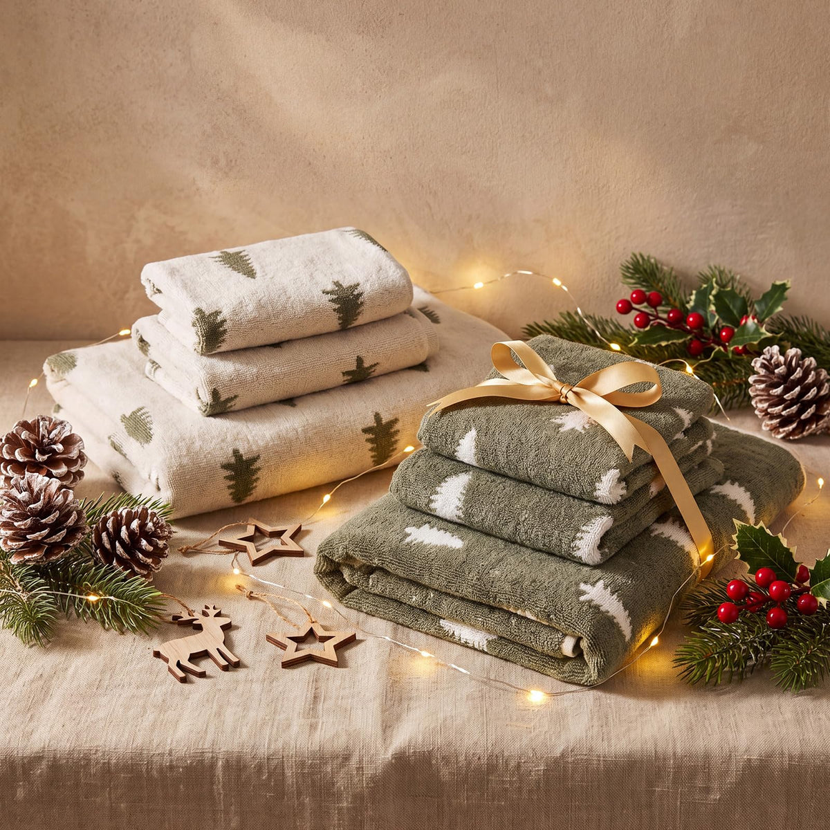 Peryiter Christmas Towel Set, Pine Tree Pattern, Green, 6 Pieces