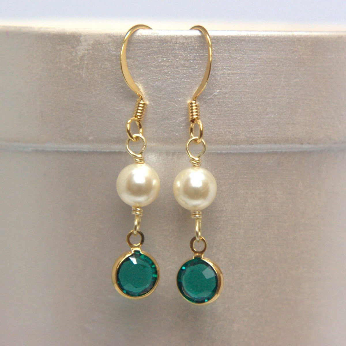 Crystal Channel Drop Dangle Earring - Emerald Color by Martiana Jewelry – 1 inch, Crystal, Pearl, Gold Tone Ear Hook, Emerald Color, Model MJ-E109
