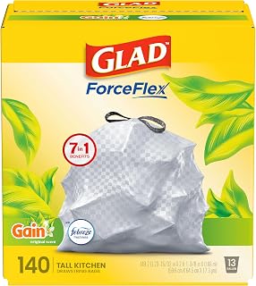 Glad ForceFlex Kitchen Trash Bags, Rip and Tear Resistant, Gain Original Scented Tall Garbage Bags, Odor Control, Febreze Freshness, 13 Gallon, 140 Count