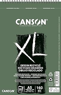 Canson XL Recycled Drawing 160gsm A5 Paper, Fine Honeycomb Grain, Spiral Pad Short Side, 25 White Sheets, Ideal for Professional Artists & Illustrators