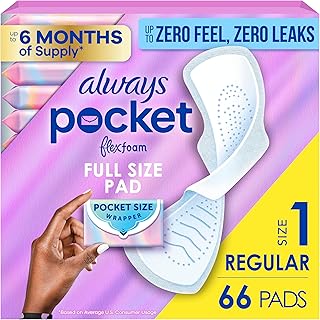 Always Pocket Feminine Pads with FlexFoam, Size 1, Regular, with Wings, Unscented, 66 Count (3 Packs of 22)