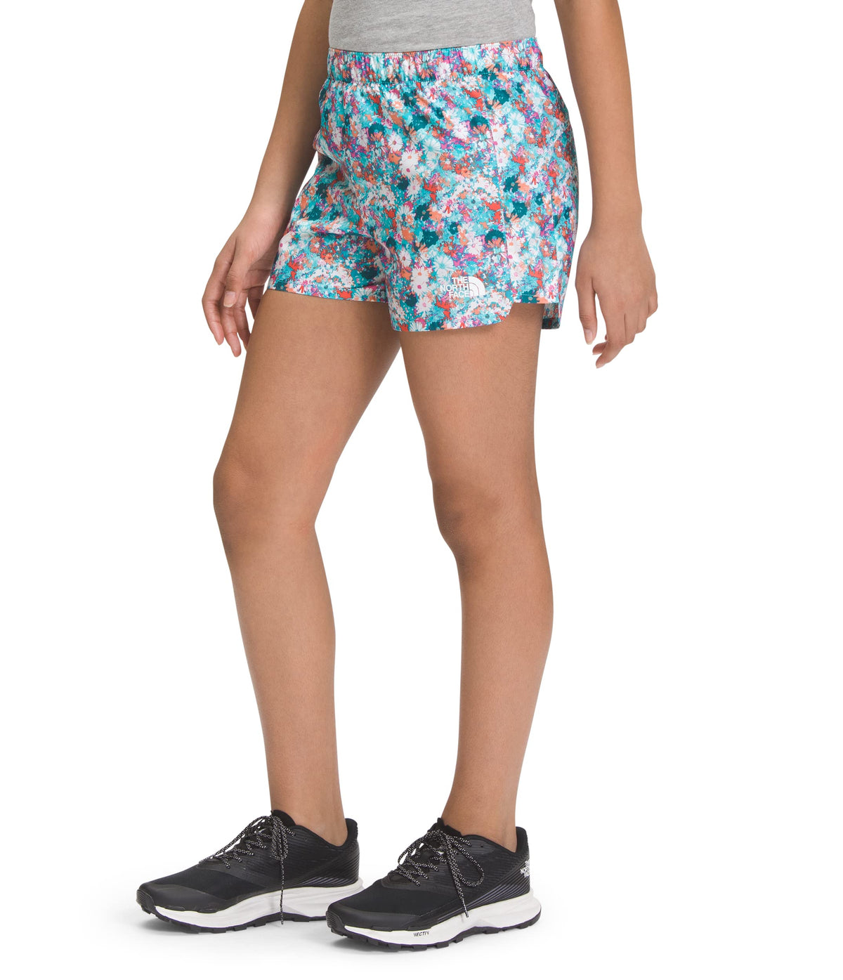 Never Stop Run Girls Shorts by The North Face – X-Large, Polyester, Scuba Blue Wild Daisy Print, Model NF0A81ZFIQP