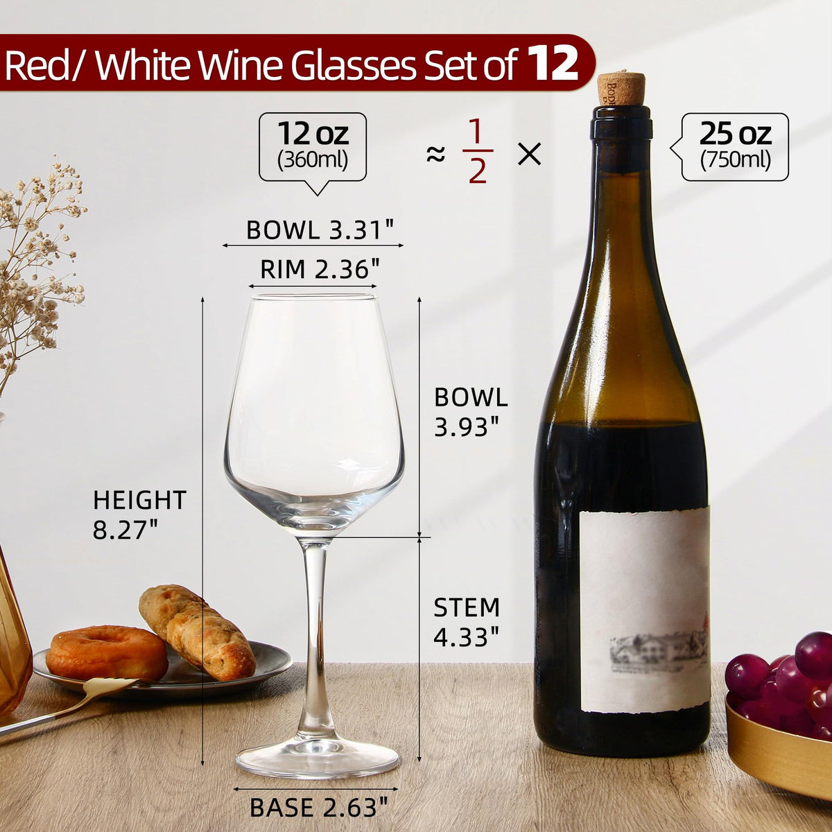 Shyrc Wine Glasses, 12oz Clear with Long Stem, Set of 12