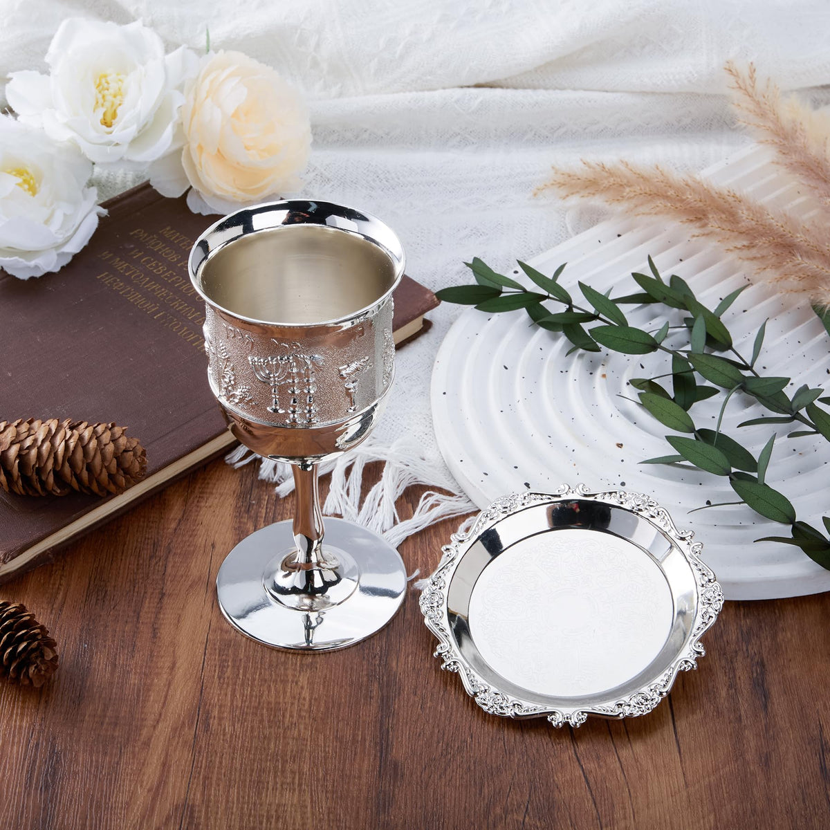 Ohmique Kiddush Cup and Tray Set, Silver Plated, One Size