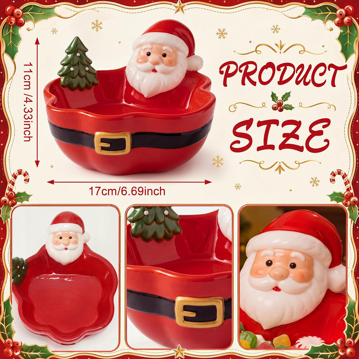 Vesici Santa Claus Candy Bowl, Ceramic Snack Dish, Red