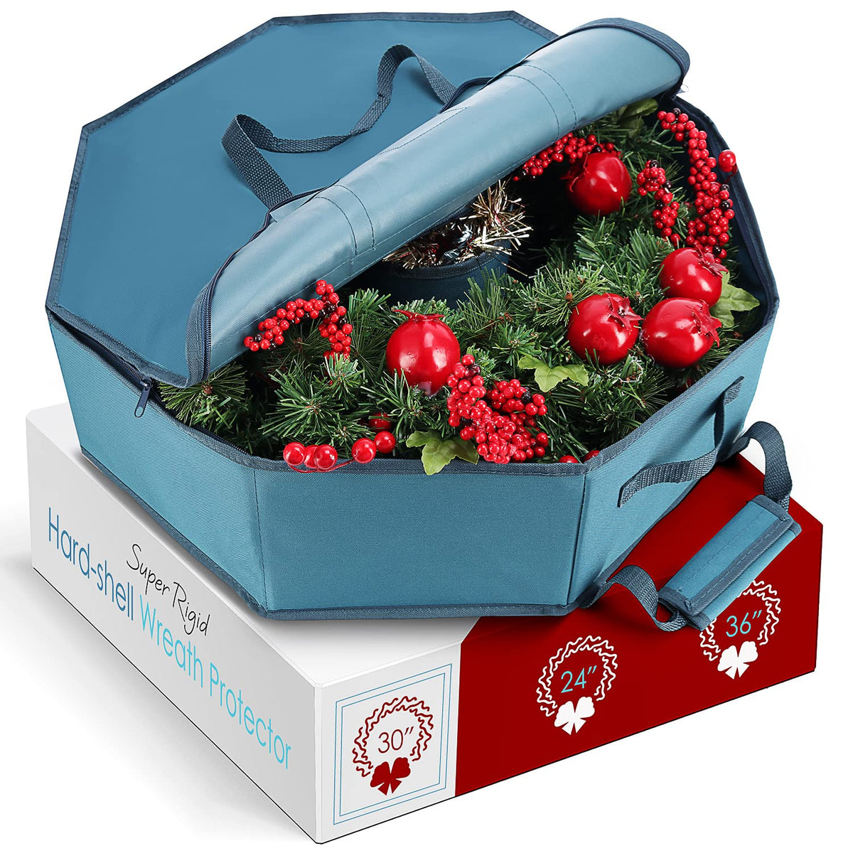 Hearth & Harbor Wreath Keeper, Hard Shell Container with Pockets, Blue 30 Inch