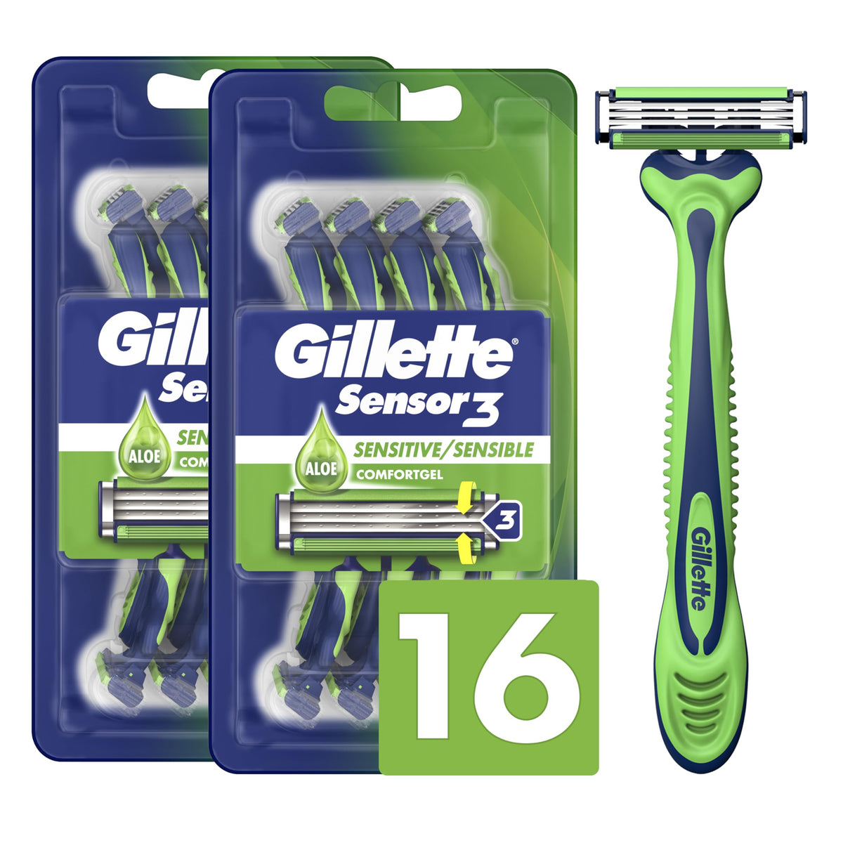Gillette 8 Count (Pack of 2) / Sensor3 Sensitive (8ct) / Green/White Disposable Razors