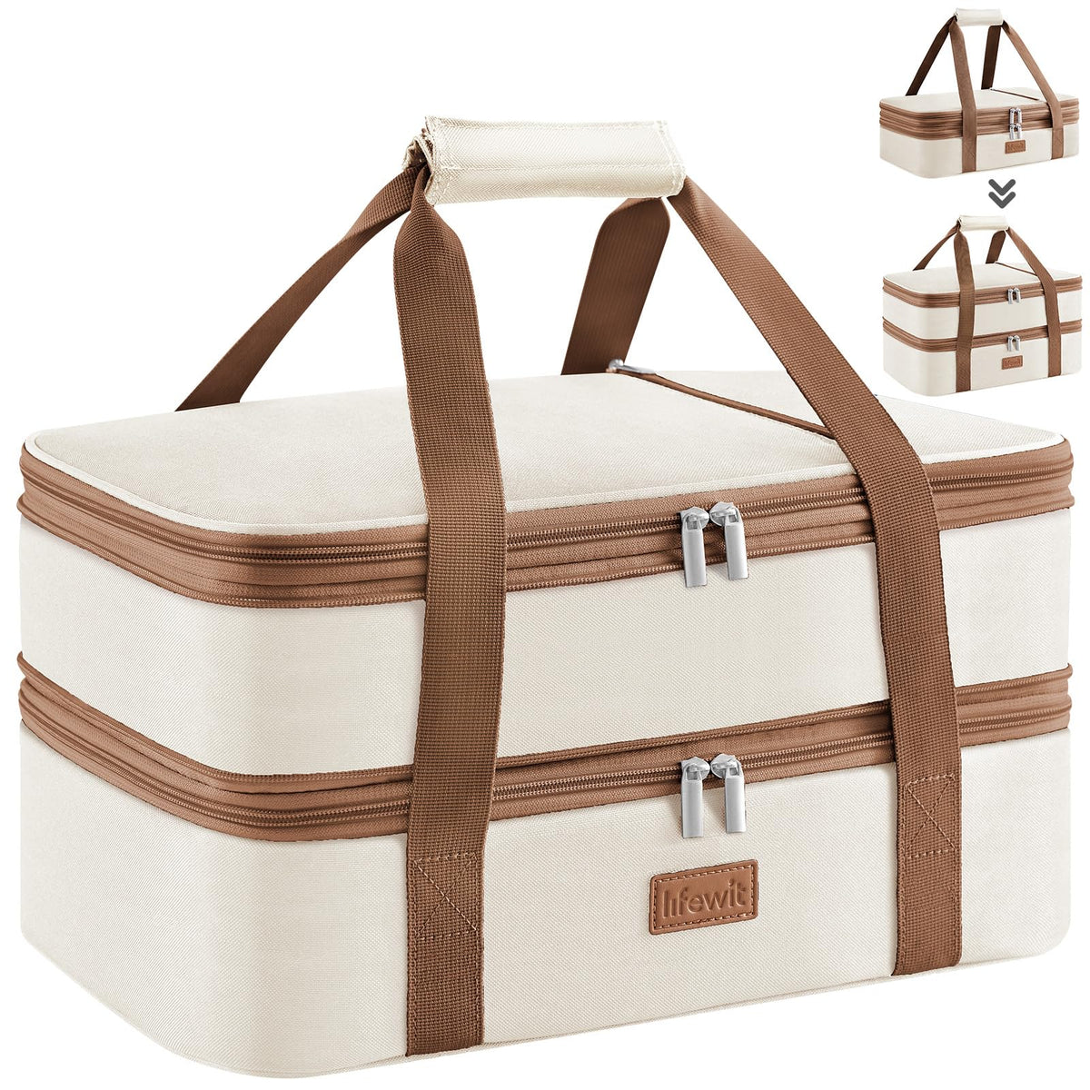 Lifewit Expandable Insulated Casserole Carrier, Double Decker, Cream