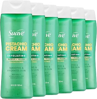 Suave Pistachio Cream Exfoliating Body Wash & Scrub with Glycerin & Vitamin E, Sulfate-Free Hydrating Cleanser for Soft, Smooth Skin, 6 Count, 18 FL OZ