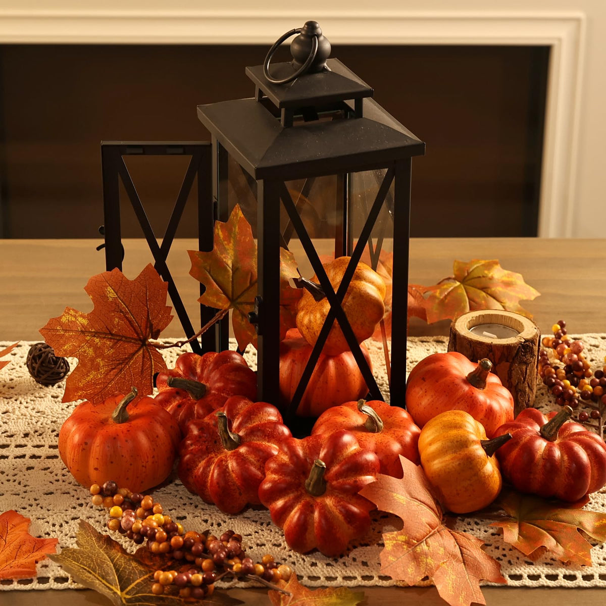 Cheawrtz Artificial Pumpkins, 16 Piece Foam Set, Orange Yellow Red with Berries and Leaves