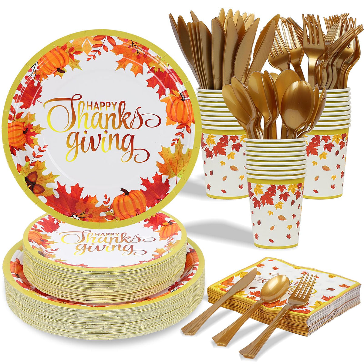 Analim Thanksgiving Dinnerware Set, 350 Pieces, Golden Maple Leaves