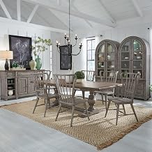 Liberty Furniture River Place 7 Piece Trestle Table Dining Room Set Cottage - 6 Windsor Back Chairs - Riverstone Gray & Tobacco Wood