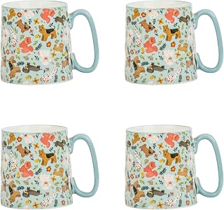 10 Strawberry Street Bella Mug, Grey Floral Dog, Set of 4