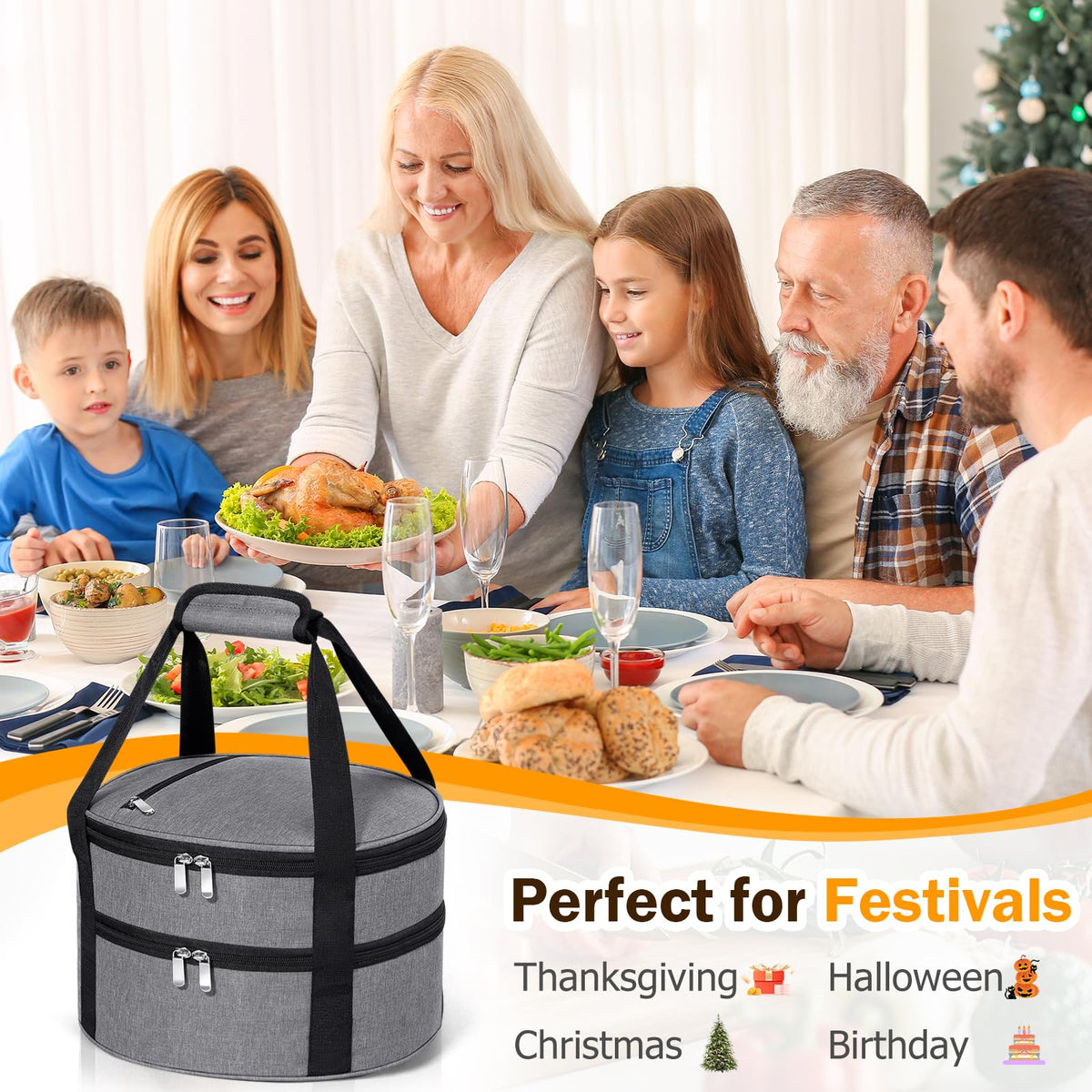MIAOJIE Insulated Casserole Carrier, Double Layer Round, Gray
