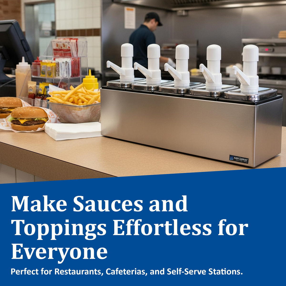 Stainless Steel Condiment Pump Service Center with 5 Wells Black Jars by San Jamar – Stainless Steel, Stainless, Model P9715
