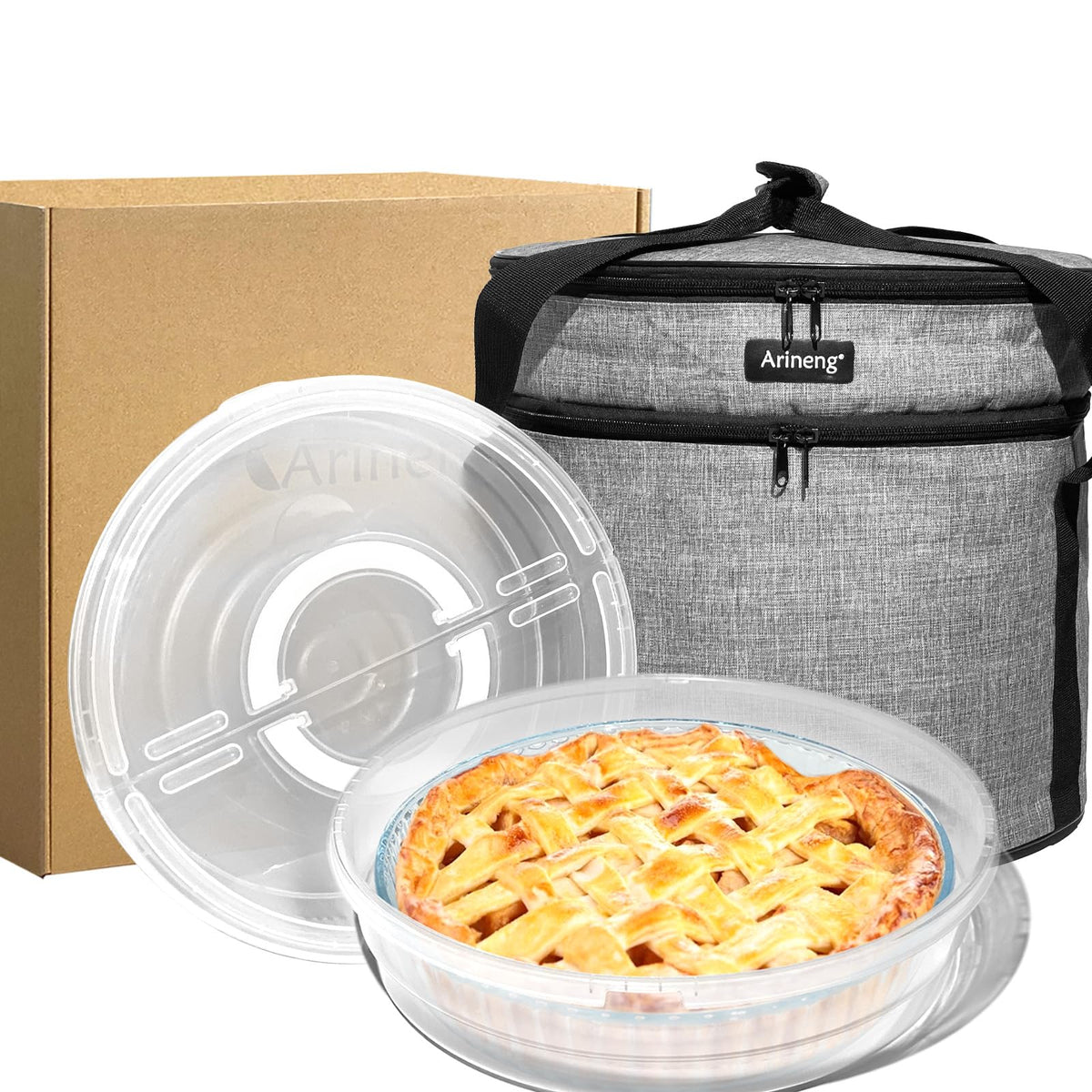 Arineng Pie Carrier Set with Insulated Bag, Holds 3 Pies or Pizza, Grey