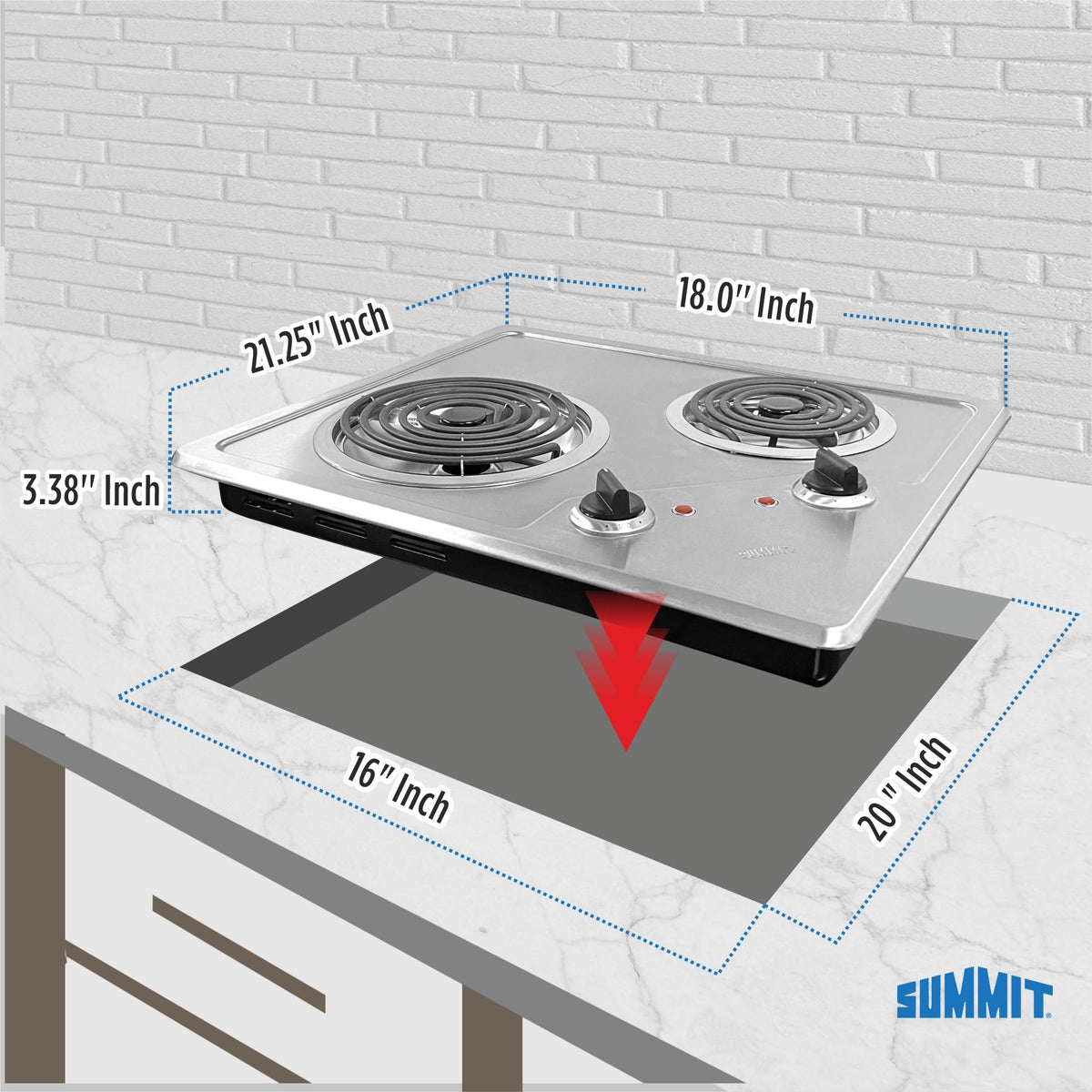 Summit 21" 2 Burner Electric Cooktop. 115 Volt Coil Electric Cooktop by SUMMIT APPLIANCE – 115-120V, Stainless Steel, Model CR2B122