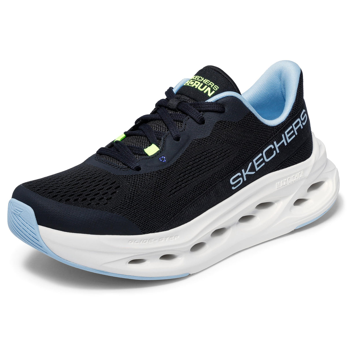 Women's Max Cushioning Glide Step Fairmont Sneaker by Skechers – 9, Mesh, Black/Blue, Model 129407