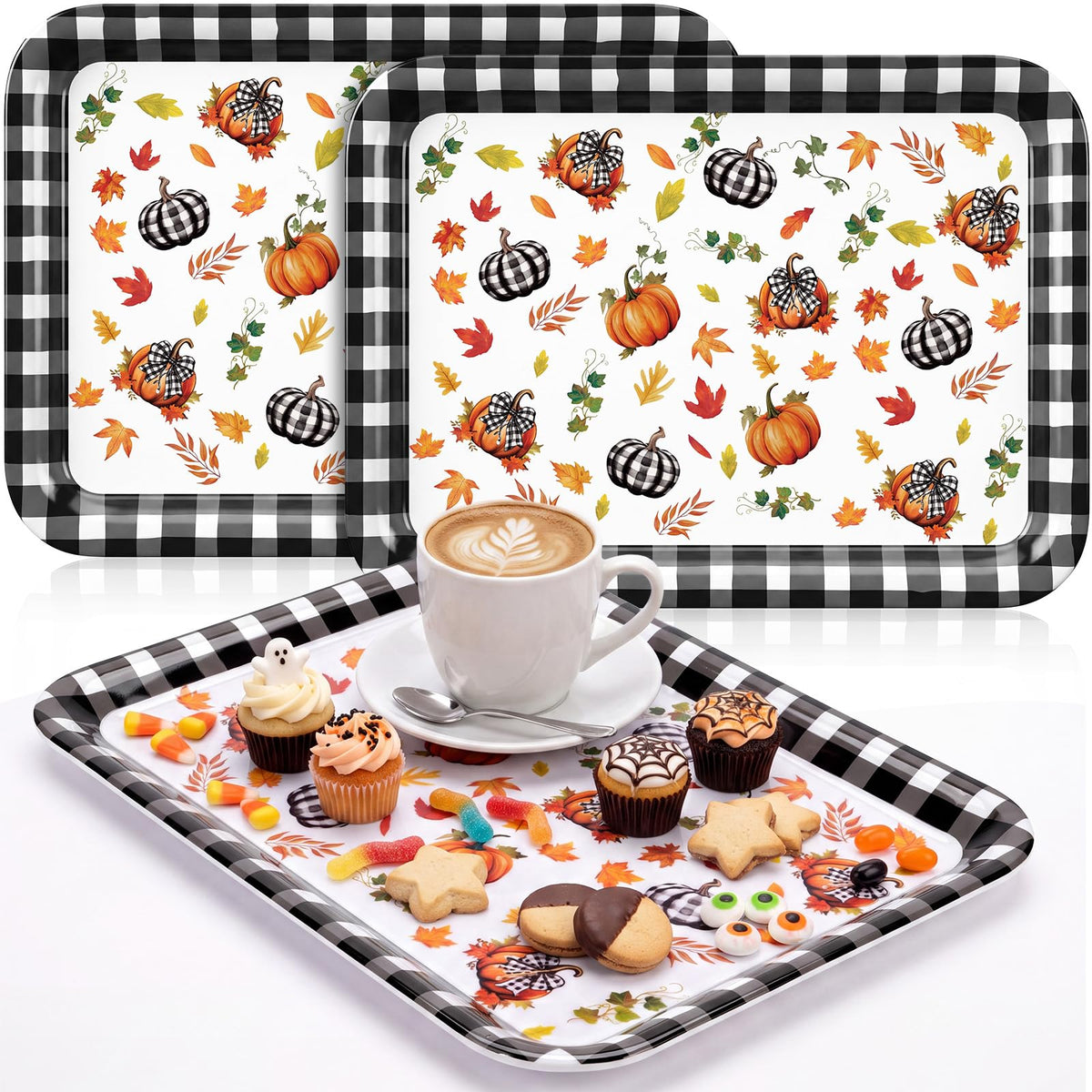 Vesici Melamine Serving Trays, 13 x 9.6 Inch Set of 3, Buffalo Plaid Pumpkin