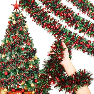3 Pack Red Green Christmas Tinsel Garland, 78.74 Inch Cuttable Metallic Tinsel Garland for Christmas Tree Decorations