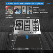Summit , 34-Inch-Wide 5-Burner Gas Cooktop, Stainless Steel with Sealed Burners, Cast Iron Grates, NG/LPG Conversion Kit, Wok Ring, Flame Failure Protection, Easy to Clean, Cord