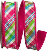 Reliant Ribbon Plaid Festivity Deluxe Dupioni Backed Wired Edge Ribbon, Fuchsia/Lime