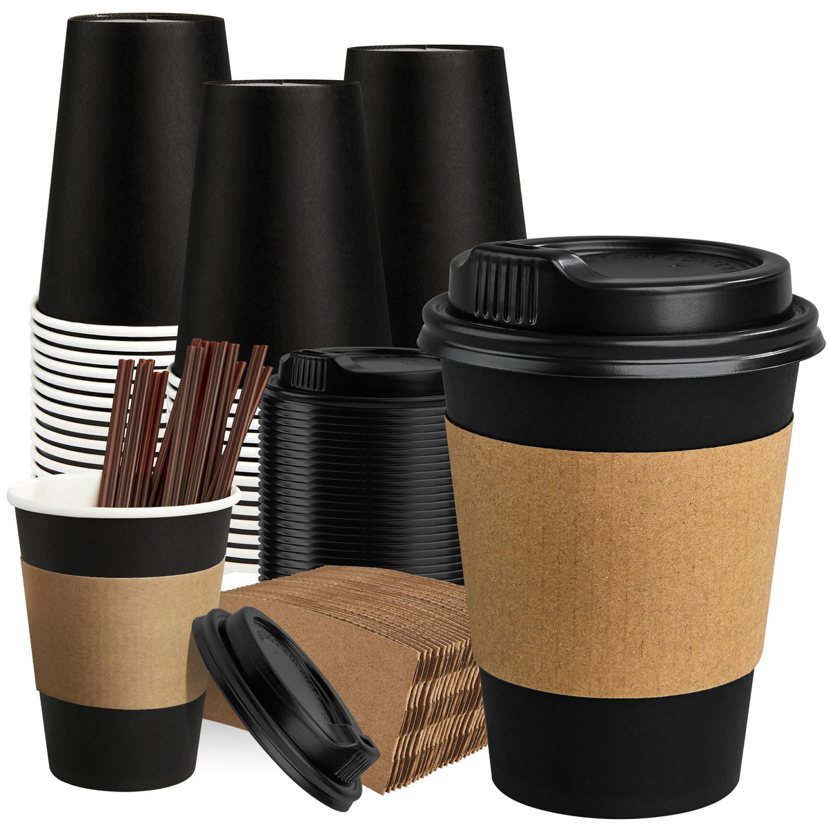 Racetop Paper Coffee Cups, 12 oz with Lids and Sleeves, Black, 100 Count