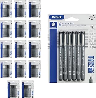 STAEDTLER Pigment Liner Fineliner Pens, Black, 15 Pack (90 Pieces Total) | 6 Assorted Tip Sizes per set, 0.05mm - 0.8mm, Waterproof, Drawing & Writing Pens