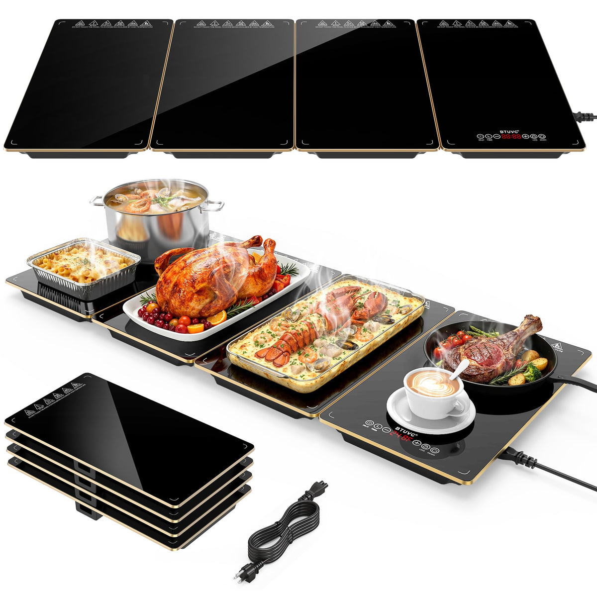 BTUVC Modular Food Warmer, 35x15 Inch Tempered Glass, Black-Gold