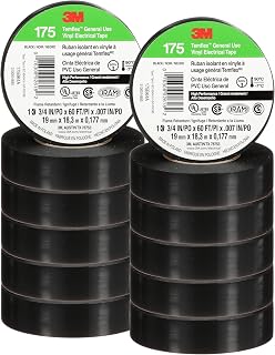 3M Temflex Vinyl Electrical Tape 175, 3/4 in x 60 ft, Black, 10 Rolls