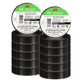 Temflex Vinyl Electrical Tape by 3M – 3/4 in x 60 ft, Pvc,Vinyl,Copper,Rubber, Black, Pack of 10, Model 92618