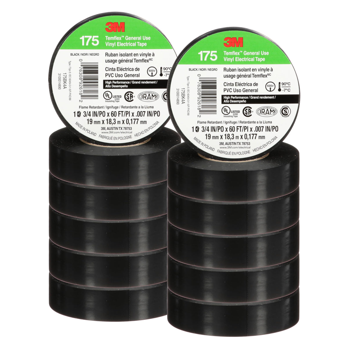 3M Black / 3/4 in x 60 ft / 10 Rolls Electrical Tape