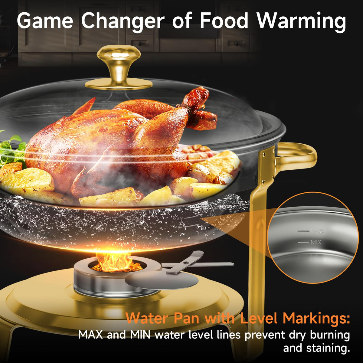 KScocina Round Chafing Dish Set, 5QT Stainless Steel, Golden 4 Pack