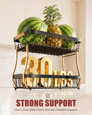 Sevenblue 2-Tier Fruit Basket, Iron with Banana Hooks, Black
