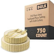 750 Pack Ivory and Gold Scalloped Plastic Dinnerware Set 150 Place Settings with Plates Forks Spoons and Knives for Holiday Dinners and Parties