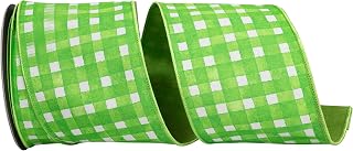 Reliant Ribbon Watercolor Check Deluxe Dupioni Backed Wired Edge Ribbon, Green