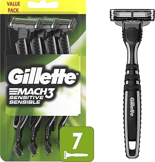 Gillette Mach3 Sensitive Razors for Men, Men’s Disposable Razors, Pivoting Head for Close and Comfortable Shave, 7 Count