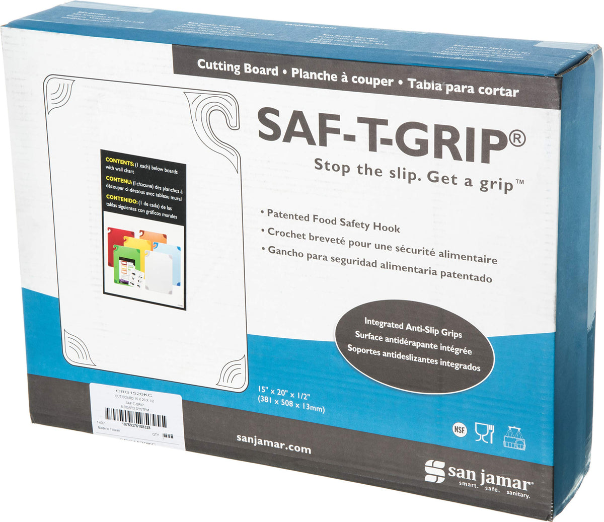 San Jamar Saf-T-Grip Plastic Cutting Board with Safety Hook by Carlisle FoodService Products – 24"L x 18"W, Plastic, Assorted, Model CBG1520KC