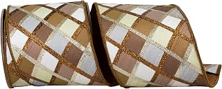 Reliant Ribbon Diagonal Glitter Stripe Deluxe Dupioni Backed Wired Edge Ribbon, Brown