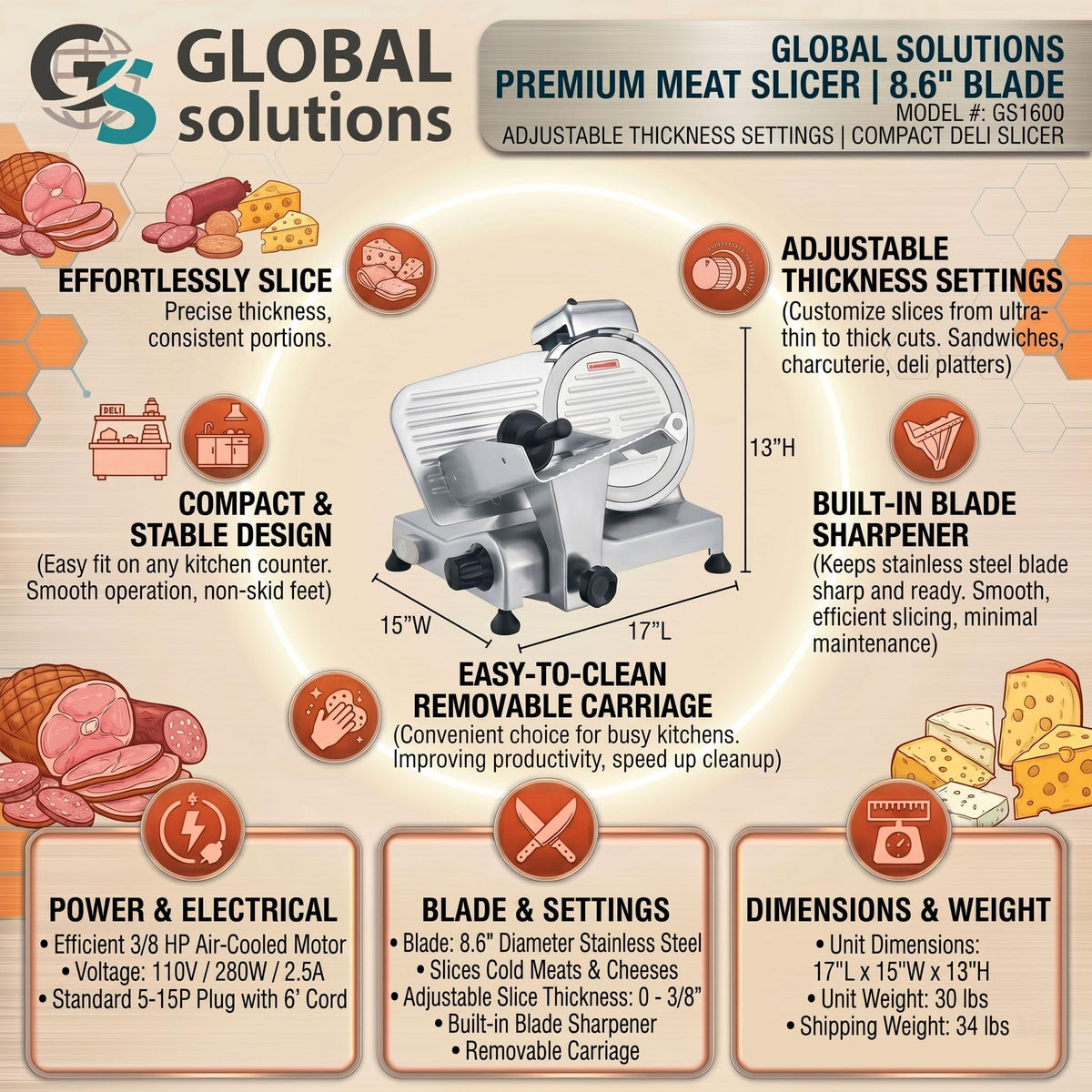 9' Gravity-Feed Meat Slicer by Global Solutions – 17" x 15" x 13", Stainless Steel, Model GS1600