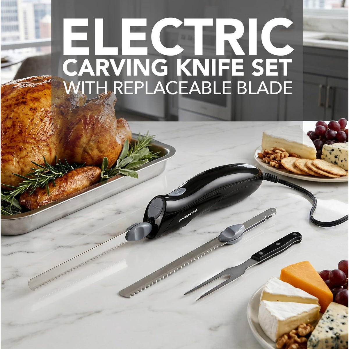 Ovente Electric Knife Set with Two Blades and Carving Fork, Black