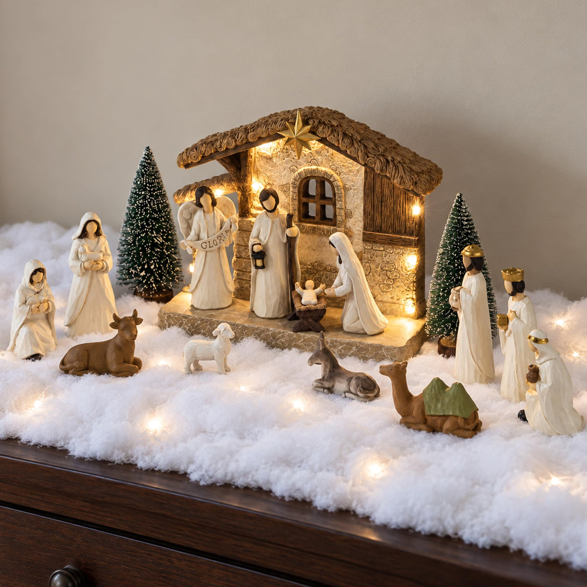 Gleemoria Nativity Scene with Lighted Stable, 17 Pieces, White