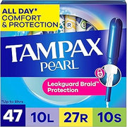 Tampax Pearl Tampons for Women Multipack, with LeakGuard Braid, Light/Regular/Super Absorbency, Unscented, 47 Count