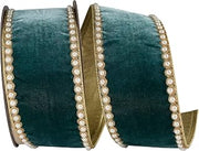 Reliant Ribbon Pearl Edging Plush Velvet Deluxe Splendor Metallic Backed Wired Edge, Teal, 4 Inch, 5 Yards