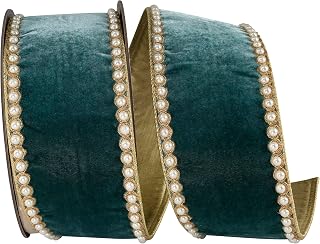 Reliant Ribbon Pearl Edging Plush Velvet Deluxe Splendor Metallic Backed Wired Edge, Teal, 4 Inch, 5 Yards