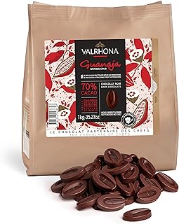 VALRHONA Premium French Baking Dark Chocolate Discs (Feves). Classic GUANAJA 70% Cacao. Easy Melt. Easy to chop. Intense & Smooth with Bitter Notes. Sauces, Cakes, Mousses, Frostings 1kg (Pack of 1)